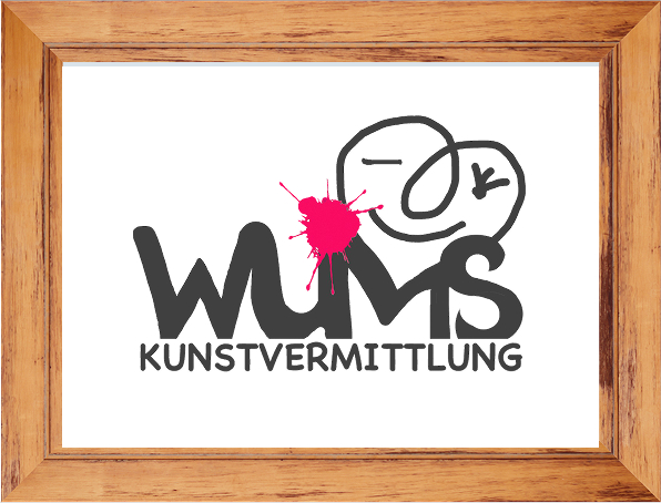 Framed logo with stylized text 'WMS KUNSTVERMITTLUNG' and a pink paint splatter on a white background.