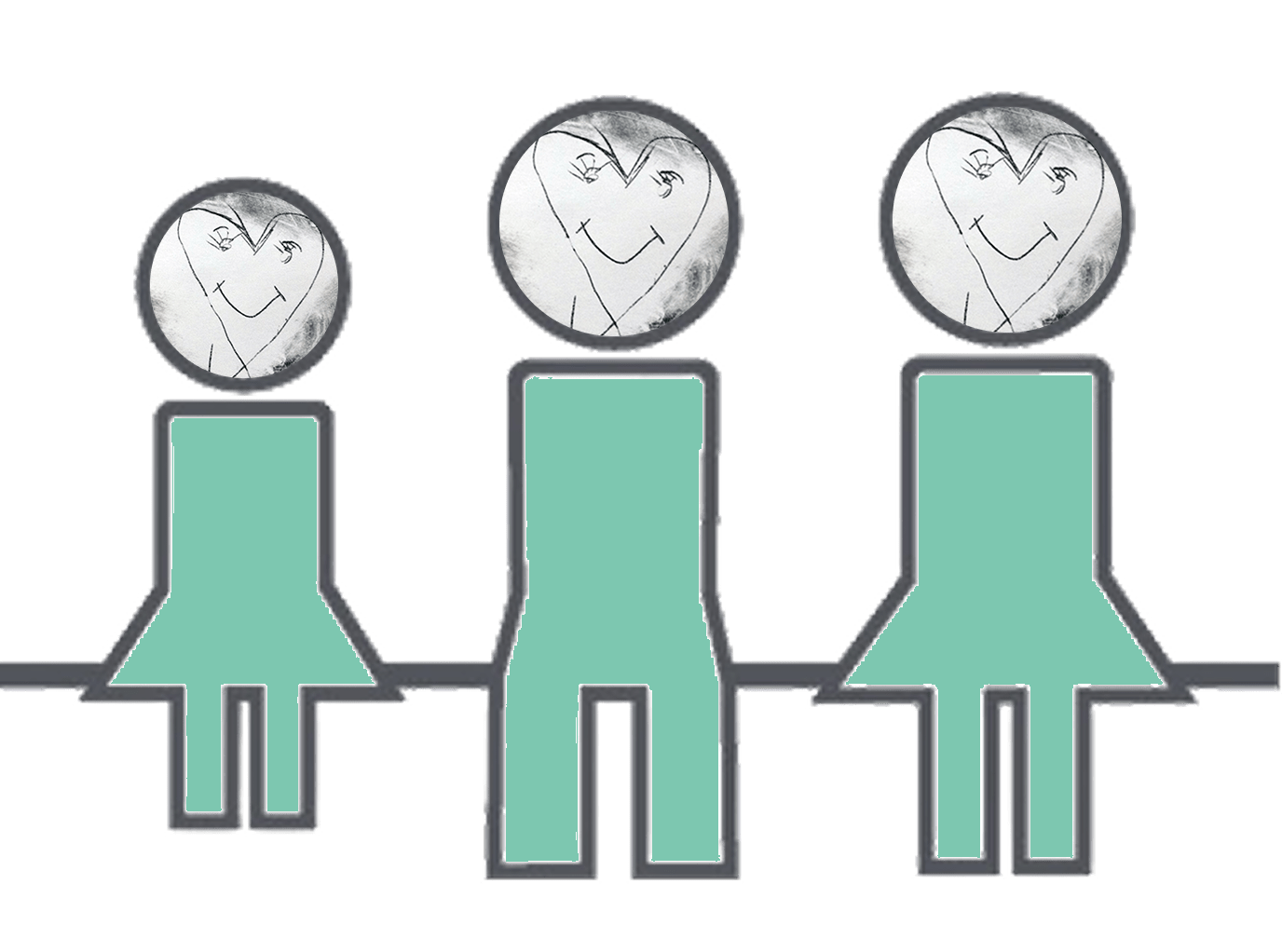 Illustration of three connected teal figures with smiley heart-shaped faces, representing a family.