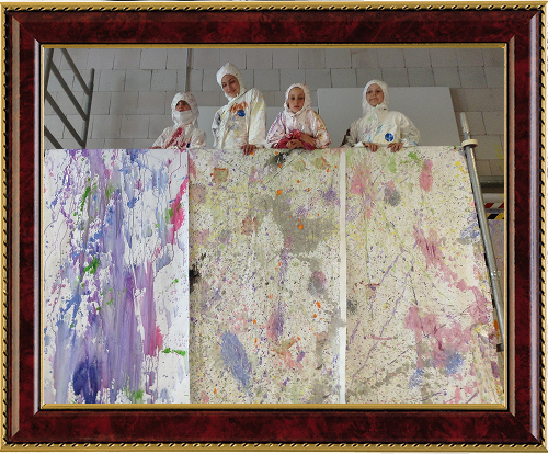 Four people in white protective suits standing behind large abstract paintings with splattered purple, pink, and green colors.